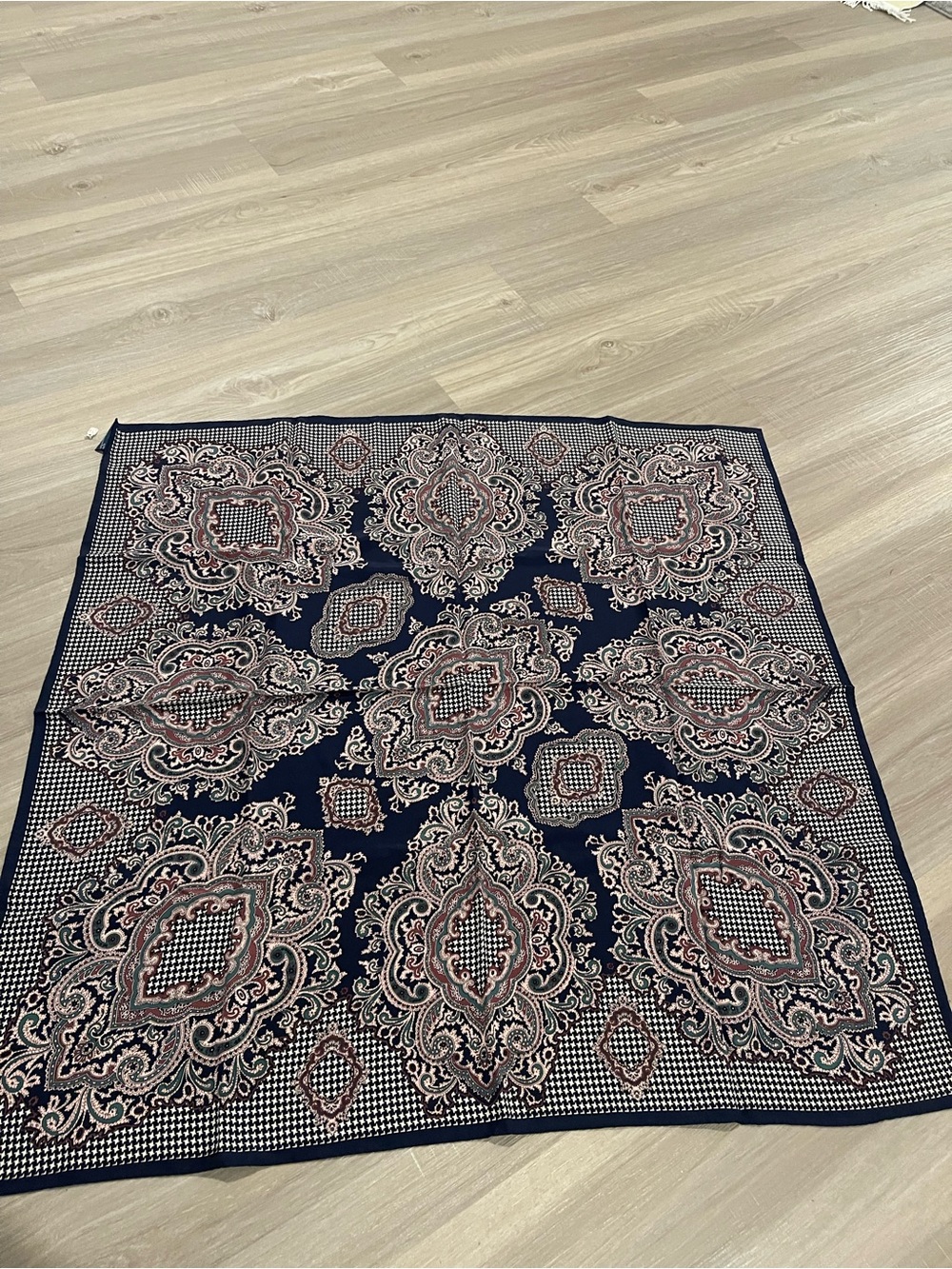 Ginnie Johansen and her Navy Paisley Square Decorative Scarf / Accent Cloth